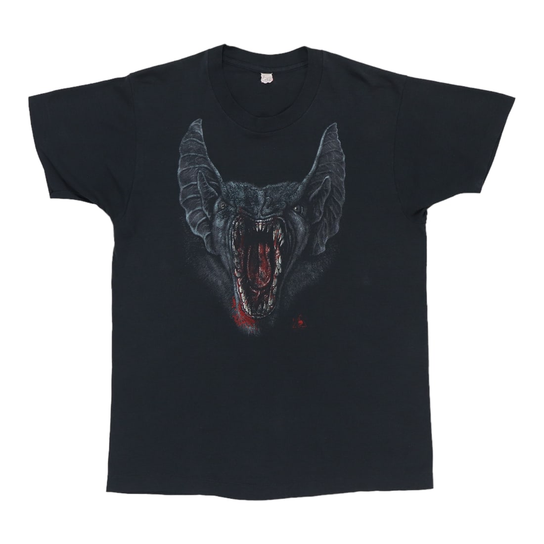 Vintage 1980s Black Vampire Bat Graphic Poly Cotton T Shirt: Vintage 1980s Black Vampire Bat Graphic Poly Cotton T Shirt This is an original vintage Vampire Bat shirt from the 1980s, made from a 50/50 polyester and cotton blend in black. The shirt features no b