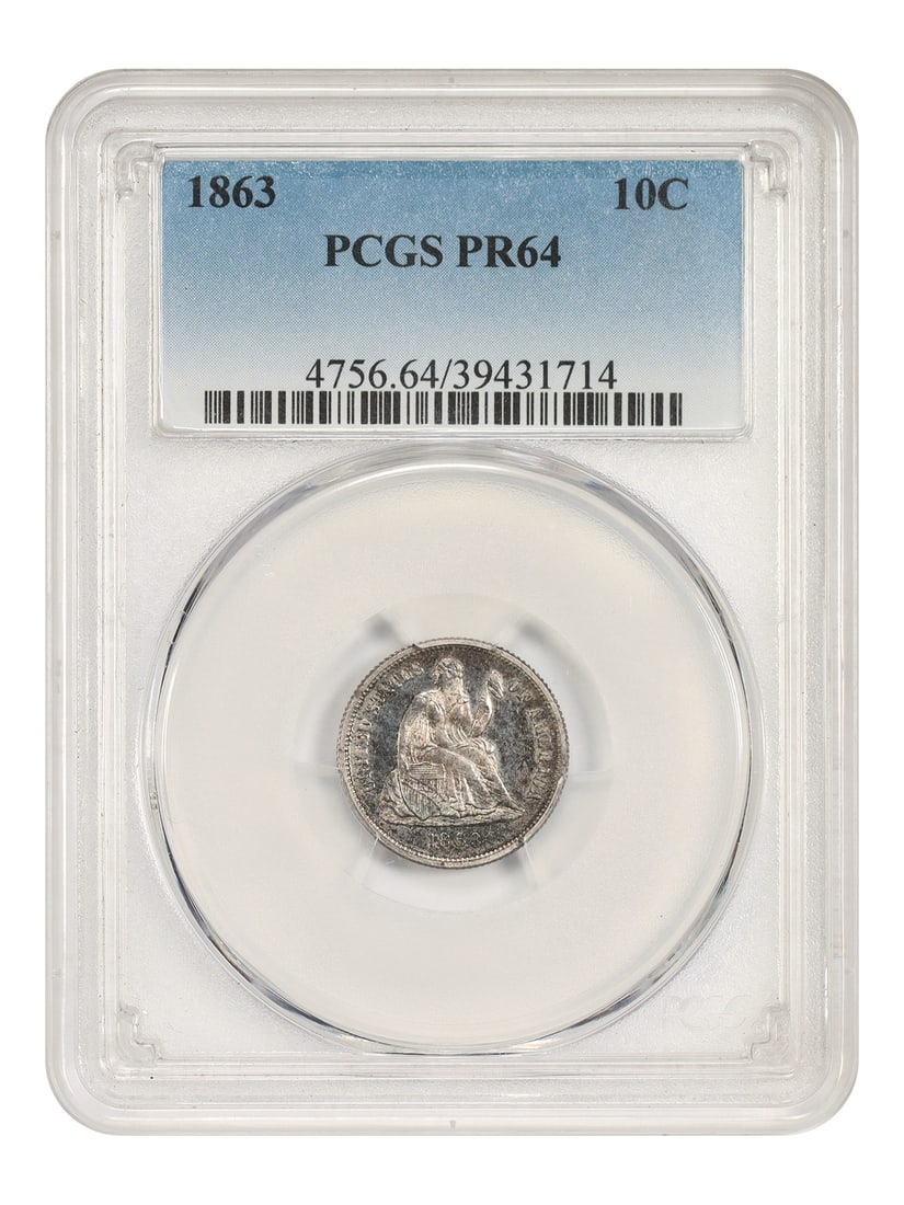 PCGS PR64 1863 Liberty Seated Dime 10C Philadelphia: PCGS PR64 1863 Liberty Seated Dime 10C Philadelphia 1863 Liberty Seated Dime certified by PCGS as PR64. Just 460 coins were struck. The coin is described as uncirculated, with natural russet and sienn