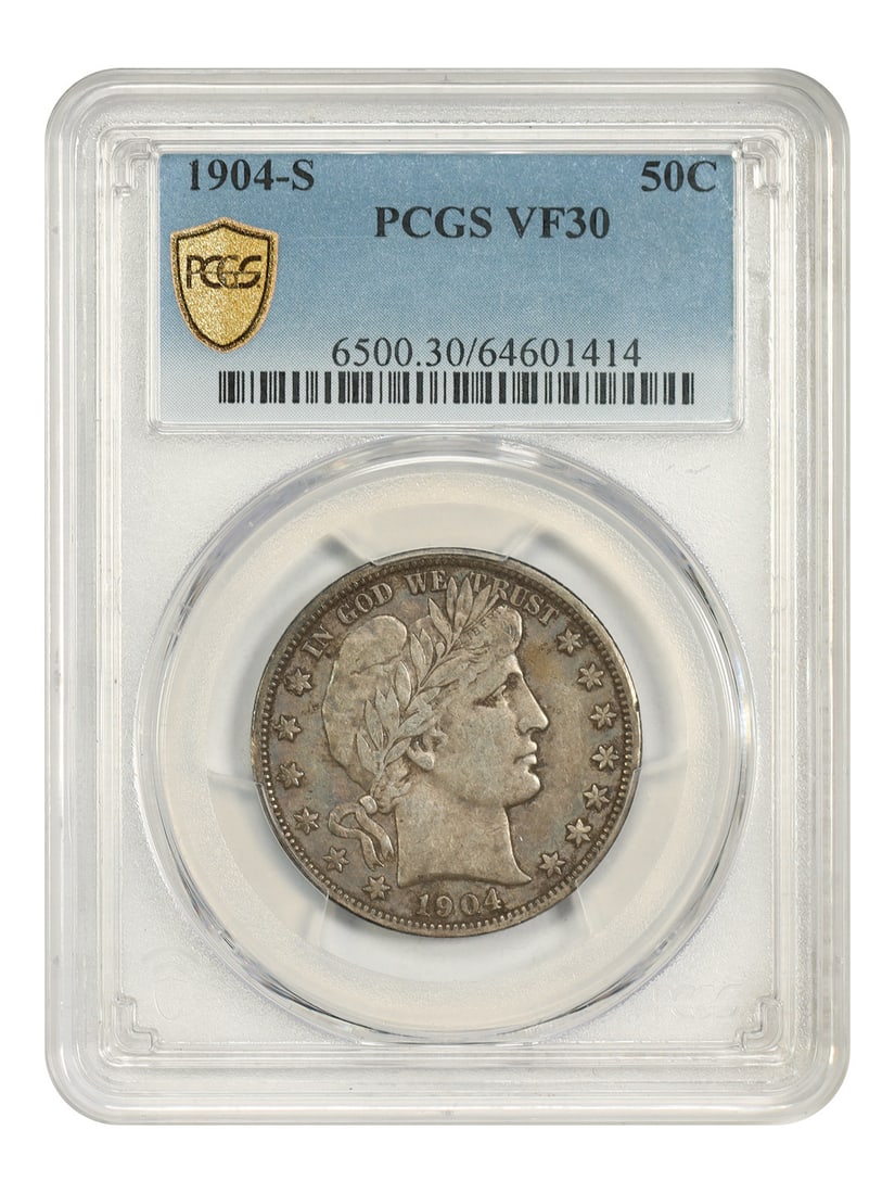 PCGS VF30 1904-S Barber Half Dollar 50C San Francisco Mint: PCGS VF30 1904-S Barber Half Dollar 50C San Francisco Mint 1904-S Barber Half Dollar certified by PCGS in VF30. This circulated example is a tough San Francisco Mint issue with deep toning and heavy c