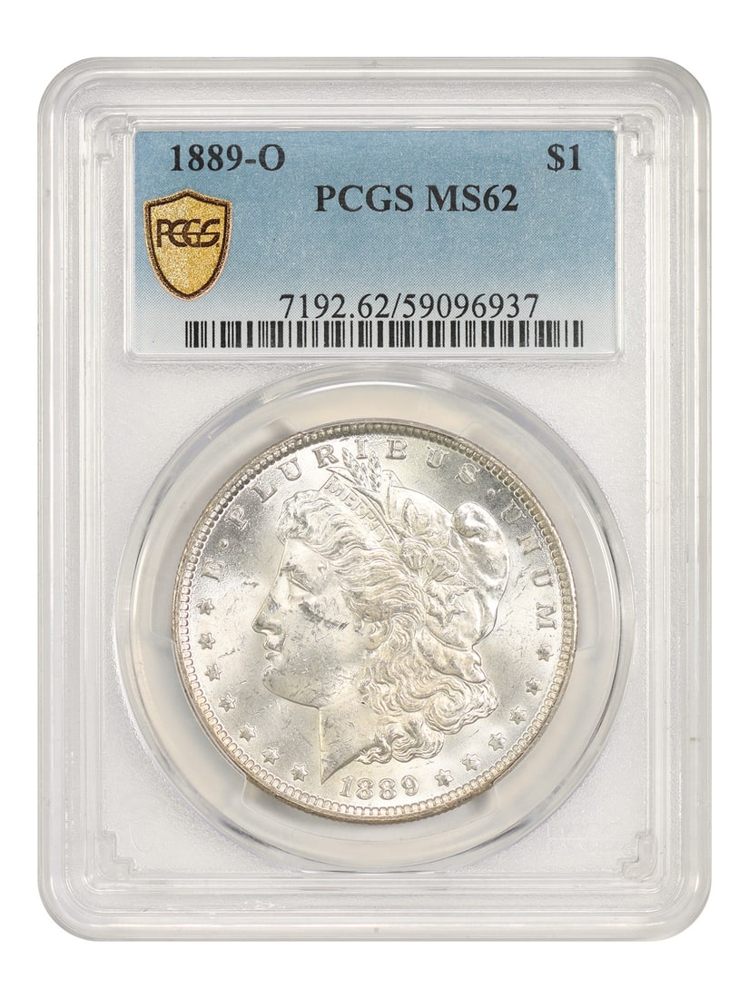 1889 O Morgan Dollar $1 PCGS MS62 New Orleans Mint: 1889 O Morgan Dollar $1 PCGS MS62 New Orleans Mint 1889-O Morgan Dollar $1, certified by PCGS and graded MS62. Struck at the New Orleans Mint, this uncirculated coin is presented in pre-owned conditio