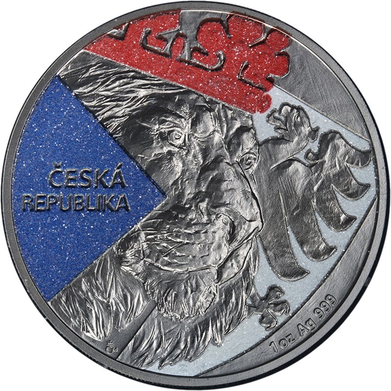 2024 Niue Silver 1 Ounce Czech Lion Black Platinum Diamond Effect: 2024 Niue Silver 1 Ounce Czech Lion Black Platinum Diamond Effect This 2024 Niue 1 Ounce Silver 2 N2D Czech Lion coin features a striking black platinum finish with a diamond effect. Struck in .999 fi