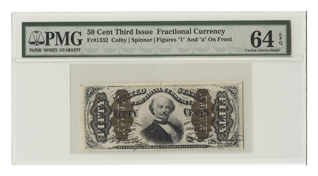 PMG Choice UNC64 EPQ Fr 1332 50 Cents Fractional Currency Third Issue: PMG Choice UNC64 EPQ Fr 1332 50 Cents Fractional Currency Third Issue Third Issue 50 Cents fractional currency note graded PMG Choice UNC 64 EPQ. This uncirculated example is described as well-kept an