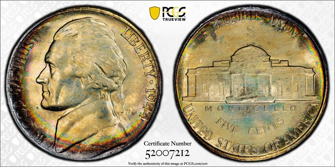 PCGS MS67 1944-S Jefferson 5C Silver War Nickel Rainbow Toned: PCGS MS67 1944-S Jefferson 5C Silver War Nickel Rainbow Toned 1944-S Jefferson War Nickel certified by PCGS with an MS67 grade and noted rainbow toning. This pre-owned United States 5C coin is struck 