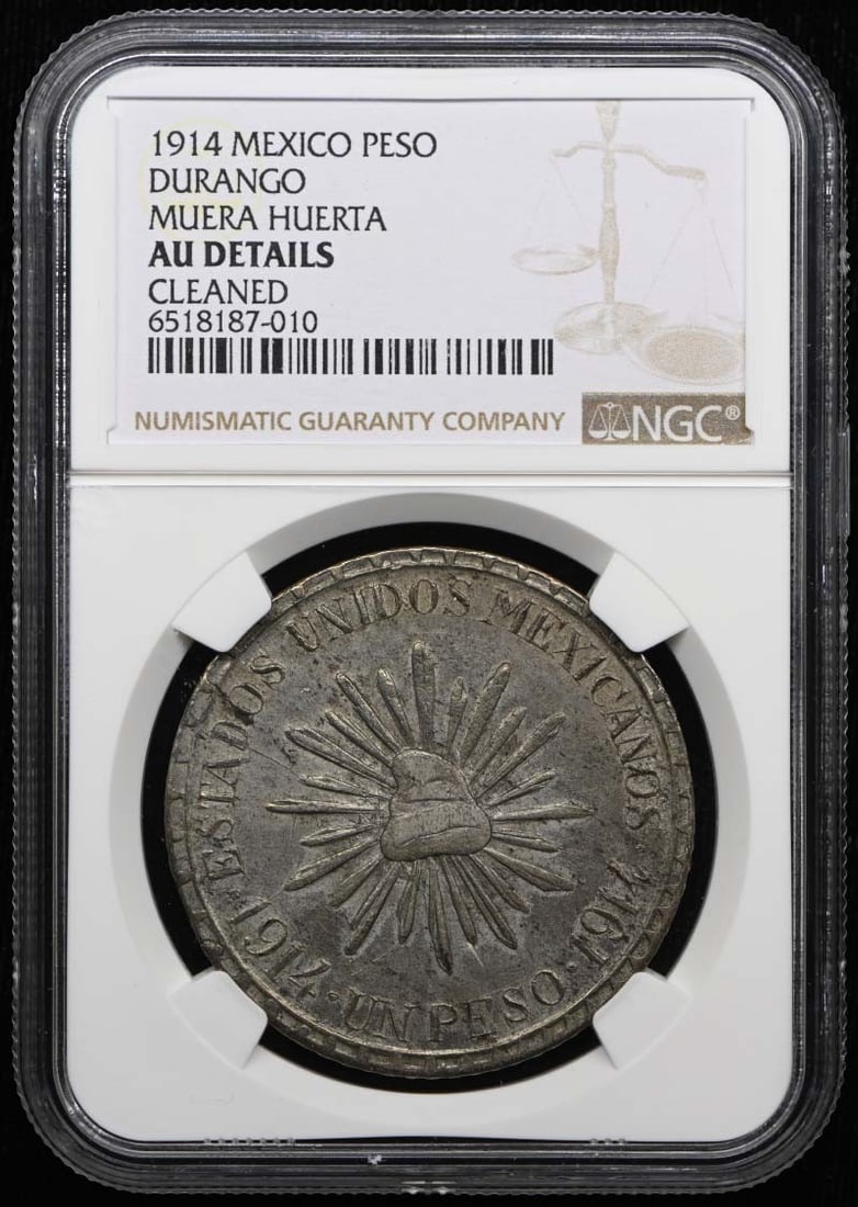 Mexico Durango 1914 Muera Huerta Peso NGC AU Details KM-622 GB-87: Mexico Durango 1914 Muera Huerta Peso NGC AU Details KM-622 GB-87 1914 Mexico Durango Muera Huerta Peso coin certified by NGC and graded AU Details. This pre-owned coin is listed as uncirculated in th