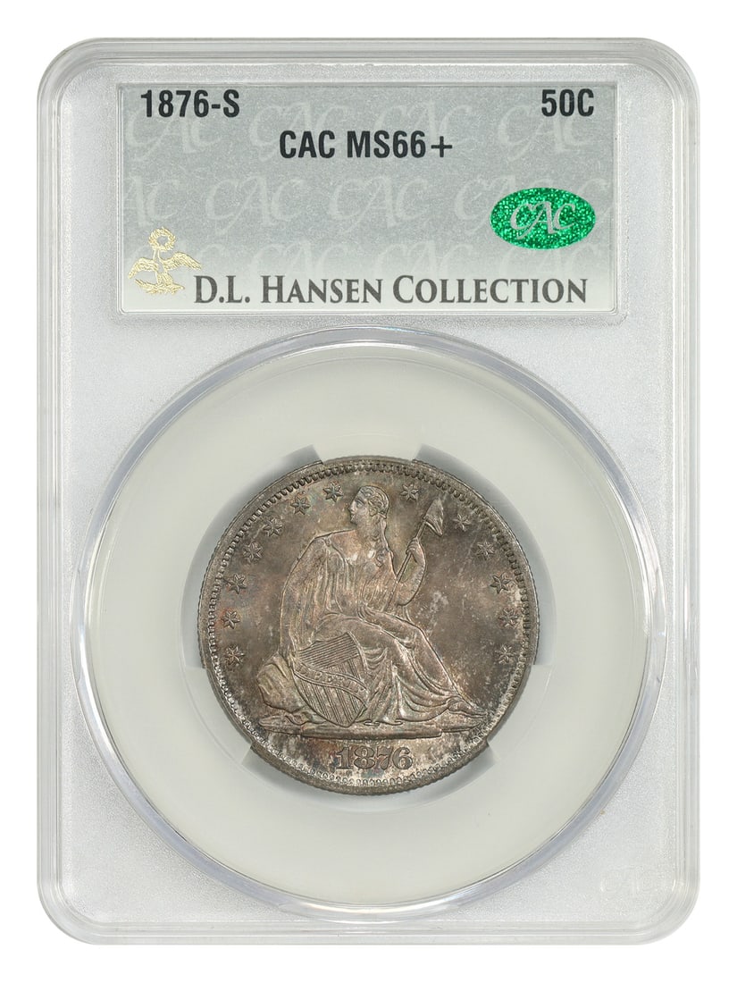CACG MS66+ 1876-S Liberty Seated Half Dollar ex D.L. Hansen: CACG MS66+ 1876-S Liberty Seated Half Dollar ex D.L. Hansen 1876-S Liberty Seated Half Dollar certified CACG MS66+ and pedigreed ex: D.L. Hansen. Among the very finest certified between all services, 