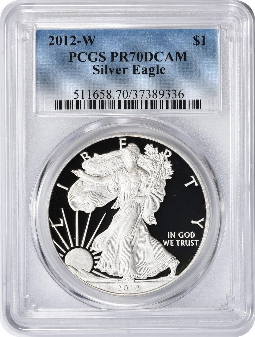 2012-W Silver American Eagle Proof Coin PCGS PR70 Deep Cameo: 2012-W Silver American Eagle Proof Coin PCGS PR70 Deep Cameo This 2012-W American Silver Eagle Dollar is a proof coin graded PR70 Deep Cameo by PCGS. Minted by the U.S. Mint, it contains 1 oz of .999 