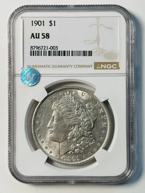 NGC AU-58 1901 P Morgan Silver Dollar Sight White: NGC AU-58 1901 P Morgan Silver Dollar Sight White 1901 P Morgan Silver Dollar graded AU 58 by NGC. This pre-owned coin is described as sight white and offers the classic Morgan Dollar design in silver