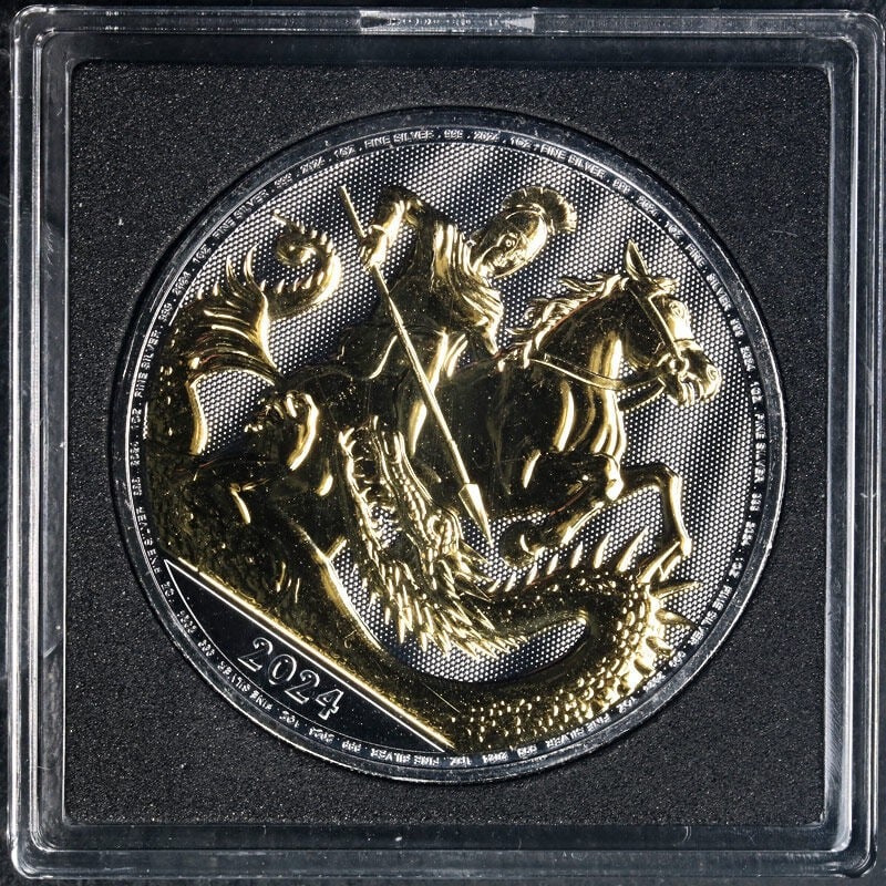 2024 Great Britain 1oz Silver 2 Pounds St George Dragon Black Ruthenium OGP COA: 2024 Great Britain 1oz Silver 2 Pounds St George Dragon Black Ruthenium OGP COA This 2024 Great Britain 1oz Silver 2 Pounds coin features the iconic St. George and the Dragon design, complemented by a