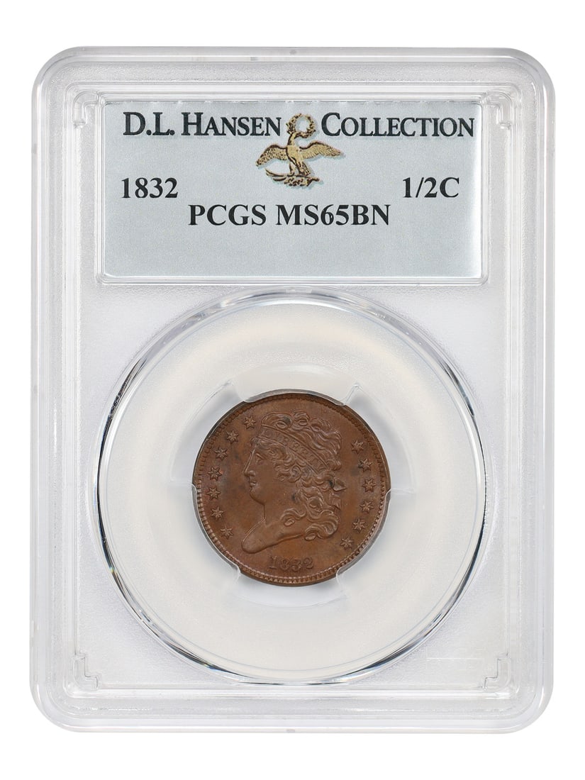 Classic Head Half Cent 1832 PCGS MS65BN ex D.L. Hansen: Classic Head Half Cent 1832 PCGS MS65BN ex D.L. Hansen 1832 Classic Head Half Cent graded PCGS MS65BN, ex: D.L. Hansen. This uncirculated coin features mahogany brown color on the obverse and a chocol