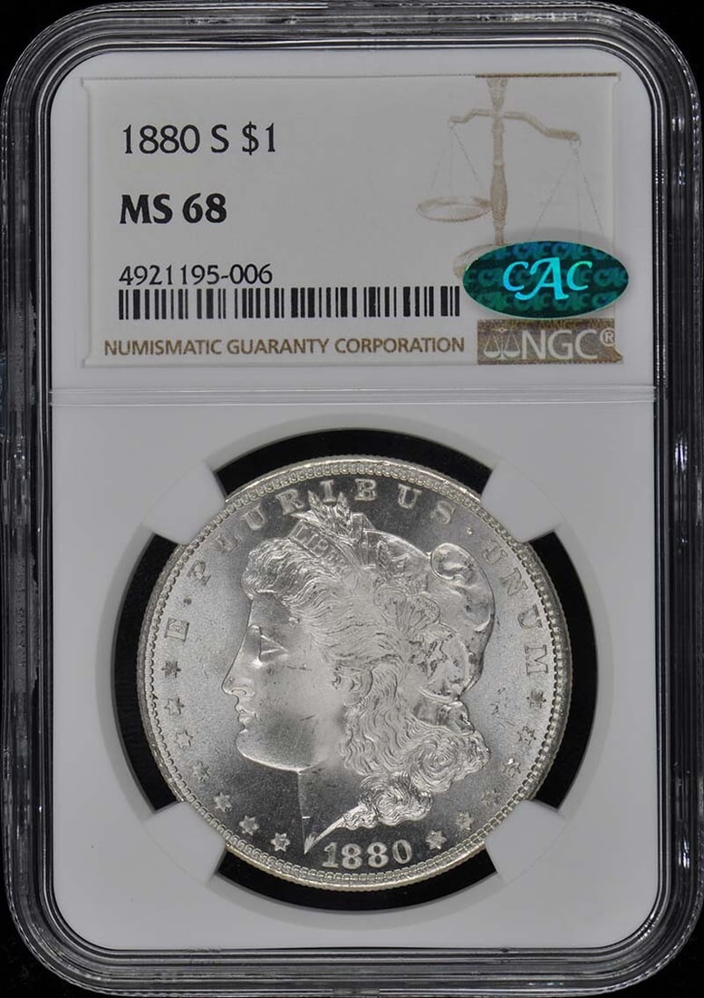 1880-S Morgan Dollar NGC MS68 CAC Uncirculated San Francisco: 1880-S Morgan Dollar NGC MS68 CAC Uncirculated San Francisco This stunning 1880-S Morgan Dollar is certified by NGC with a remarkable grade of MS68, indicating its pristine, uncirculated condition. Mi