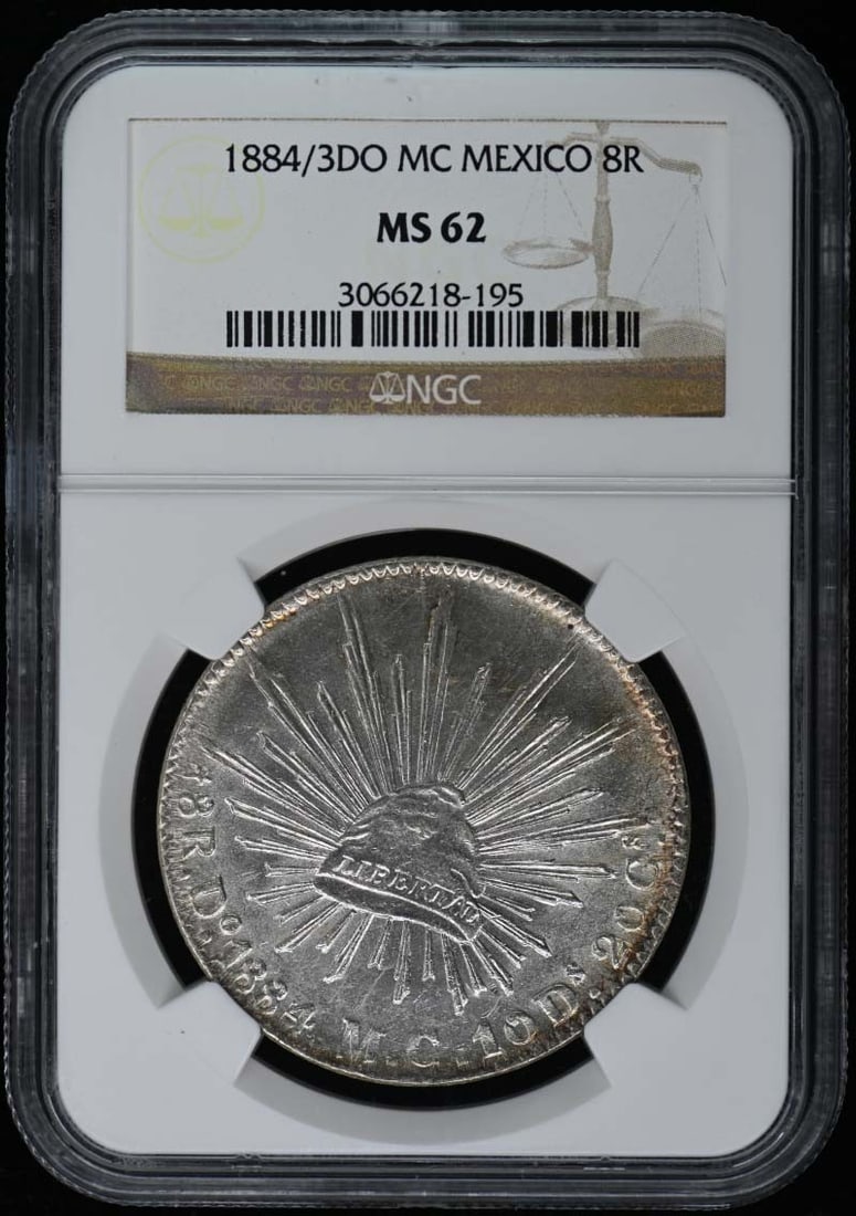 1884 Mexico 8R Coin NGC MS62 Certified Uncirculated: 1884 Mexico 8R Coin NGC MS62 Certified Uncirculated This is an 1884/3DO Mexican 8 Real coin, certified by NGC with a grade of MS62. It is in uncirculated condition, ensuring its quality and appeal for