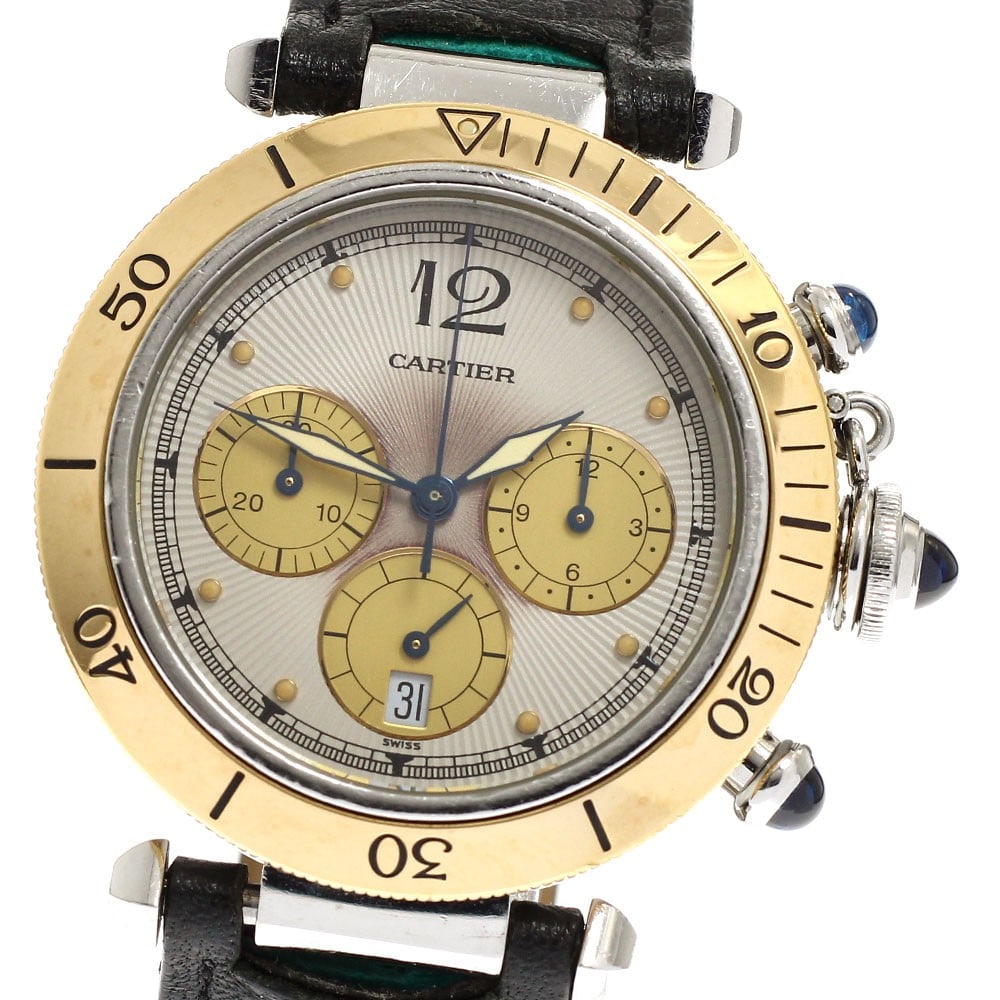 Cartier Pasha Chrono 38 Mens Quartz Watch Ref W3101155 YG Bezel: Cartier Pasha Chrono 38 Mens Quartz Watch Ref W3101155 YG Bezel Cartier Pasha Chrono men's wristwatch with a 38 mm yellow gold bezel and quartz movement. The watch is pre-owned and made in Switzerland