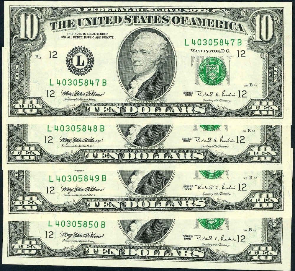 4 Consecutive 1995 $10 FR 2032 L-B Block Federal Reserve Notes Gem CU+ (1 of 2)