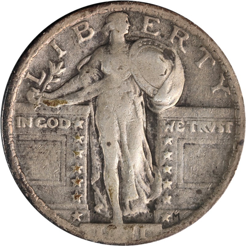 1921 Standing Liberty Quarter Silver Key Date Grade F: 1921 Standing Liberty Quarter Silver Key Date Grade F Original 1921 Standing Liberty Quarter with nice eye appeal, a nice strike, and attractive color and surfaces. This circulated coin is described a