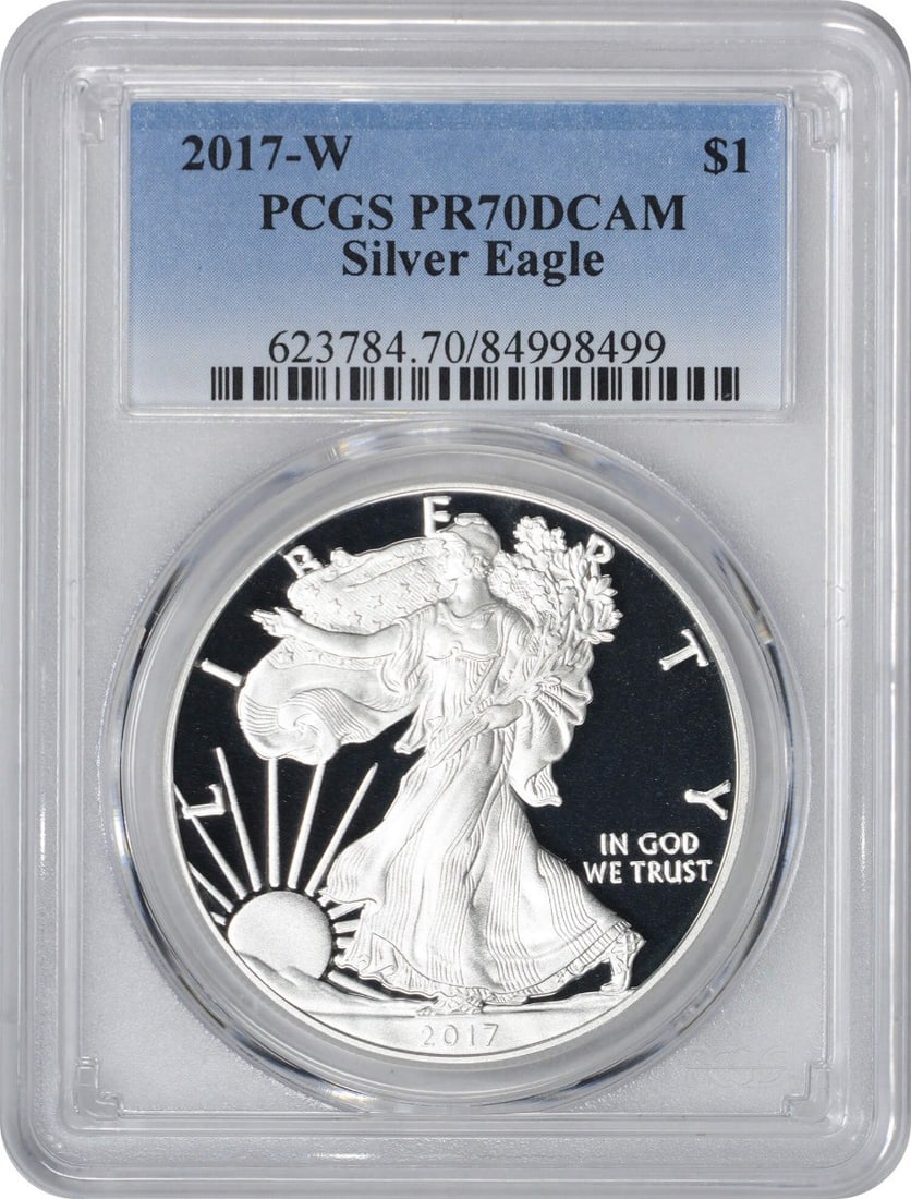 2017 Proof American Silver Eagle Dollar PCGS PR70 Deep Cameo: 2017 Proof American Silver Eagle Dollar PCGS PR70 Deep Cameo This 2017-W American Silver Eagle Dollar is a proof coin graded PR70 Deep Cameo by PCGS. Struck by the U.S. Mint, it contains 1 oz of .999 