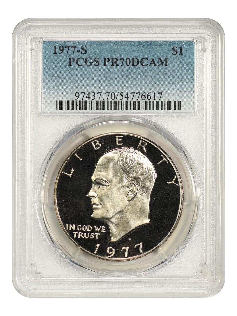 Ike Dollar 1977 S 1 Dollar PCGS PR70DCAM: Ike Dollar 1977 S 1 Dollar PCGS PR70DCAM 1977-S Ike Dollar certified by PCGS in PR70DCAM. This uncirculated $1 coin is a pre-owned example. Specifications Denomination: $1 Year: 1977 Mint Location: Sa