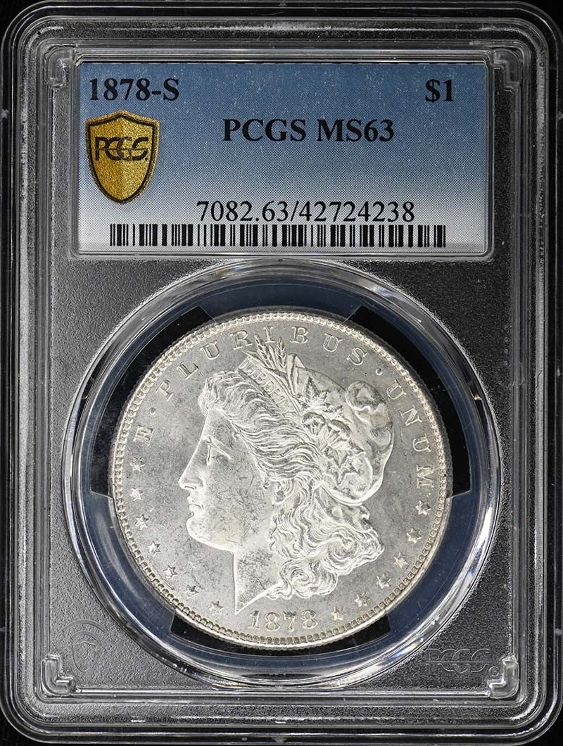 PCGS MS63 1878-S Morgan Dollar $1 Uncirculated: PCGS MS63 1878-S Morgan Dollar $1 Uncirculated 1878 Morgan Dollar certified by PCGS and graded MS63. This pre-owned coin is listed as uncirculated and was minted in San Francisco. Specifications Coin 