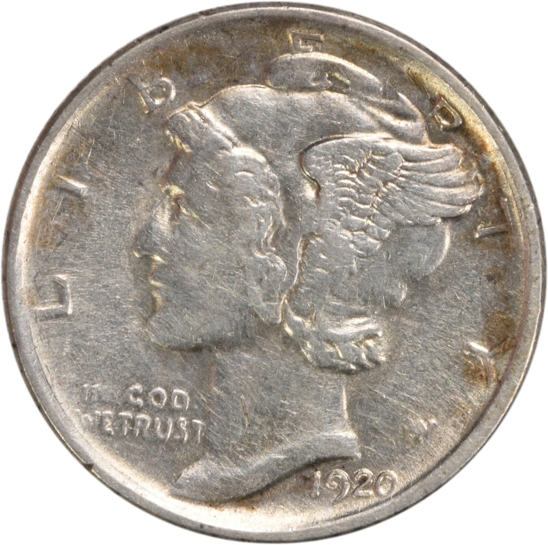 1920-S Mercury Dime AU San Francisco 90% Silver Coin: 1920-S Mercury Dime AU San Francisco 90% Silver Coin This 1920-S Mercury Silver Dime is a remarkable collectible coin featuring a design by Adolph Alexander Weinman. It showcases a beautiful AU (About