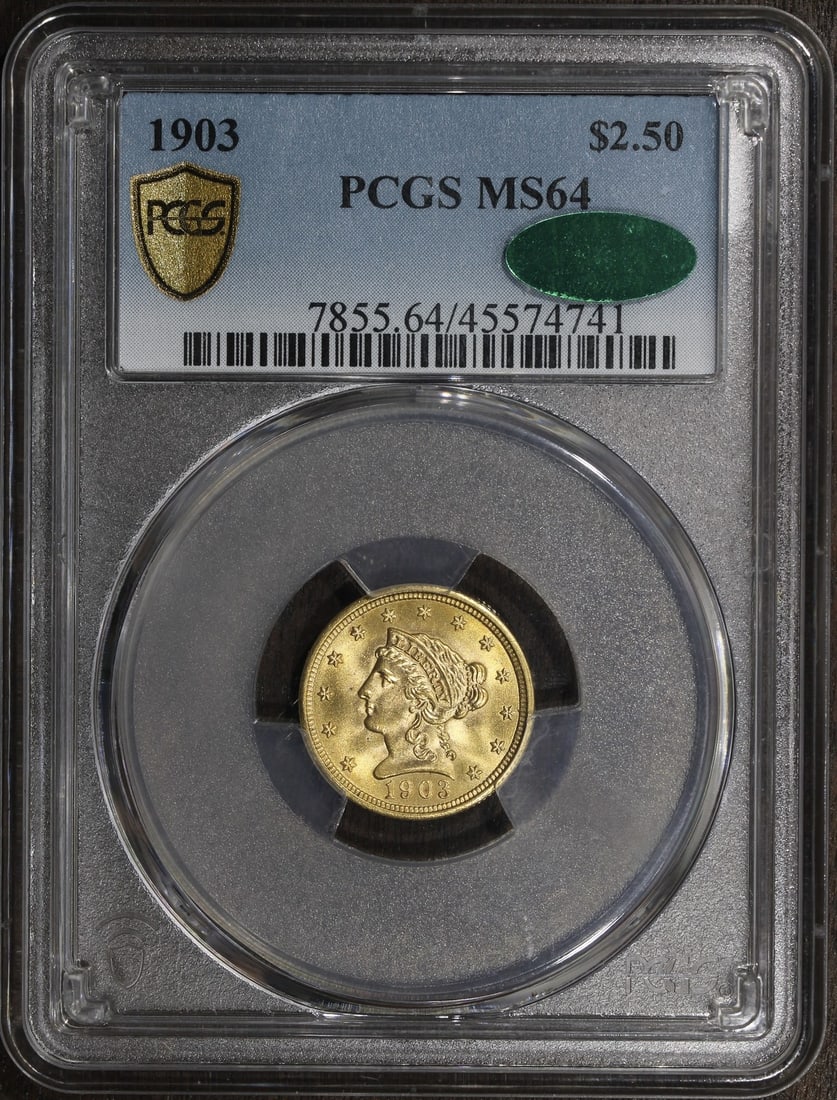 1903 PCGS MS64 CAC Liberty Head $2.50 Gold Coin: 1903 PCGS MS64 CAC Liberty Head $2.50 Gold Coin This 1903 Liberty Head Gold Quarter Eagle $2.50 coin is graded MS64 by PCGS and features the CAC designation. Struck in Philadelphia, it is composed of 