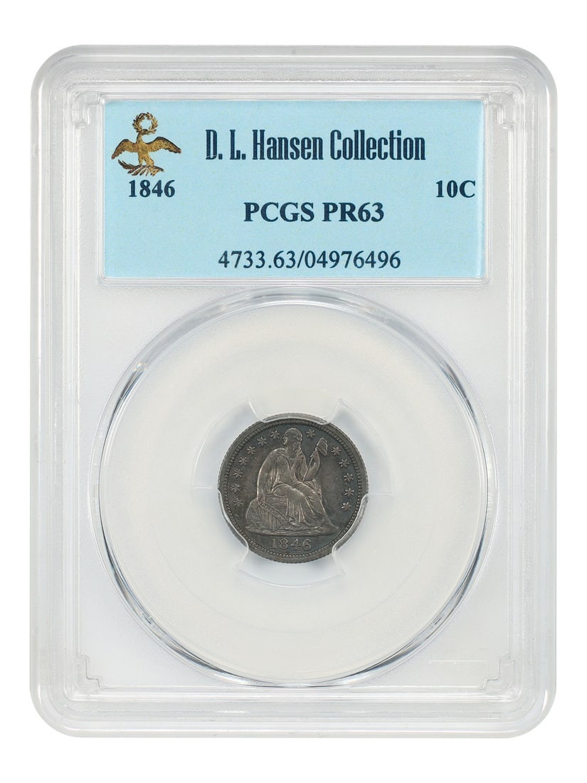 1846 Liberty Seated Dime 10C PR63 PCGS ex D.L. Hansen: 1846 Liberty Seated Dime 10C PR63 PCGS ex D.L. Hansen 1846 Liberty Seated Dime certified by PCGS as PR63. This pre-owned proof example is an elusive issue, with an estimated 10-15 proofs struck. It is