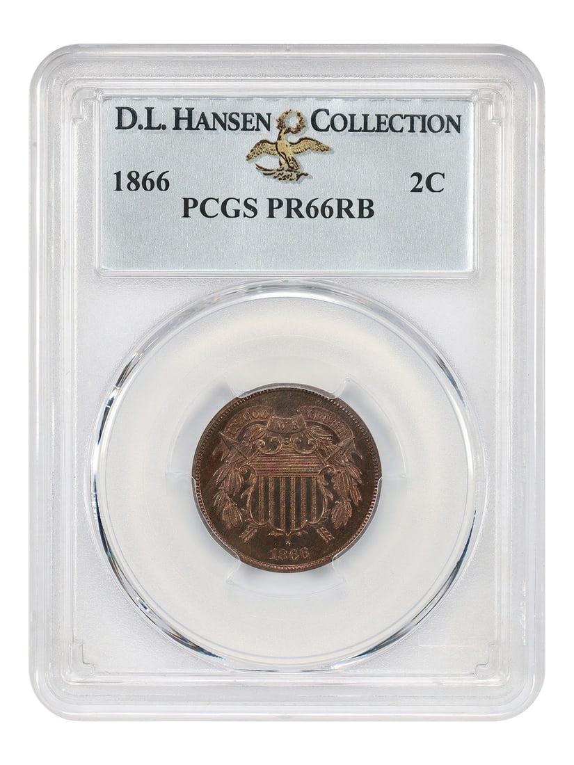 PCGS PR66RB 1866 Two Cent Proof Coin ex D.L. Hansen: PCGS PR66RB 1866 Two Cent Proof Coin ex D.L. Hansen 1866 Two Cent proof coin graded PCGS PR66RB. This desirable proof issue has a low mintage of just 725 coins struck and features liquid mirrored fiel