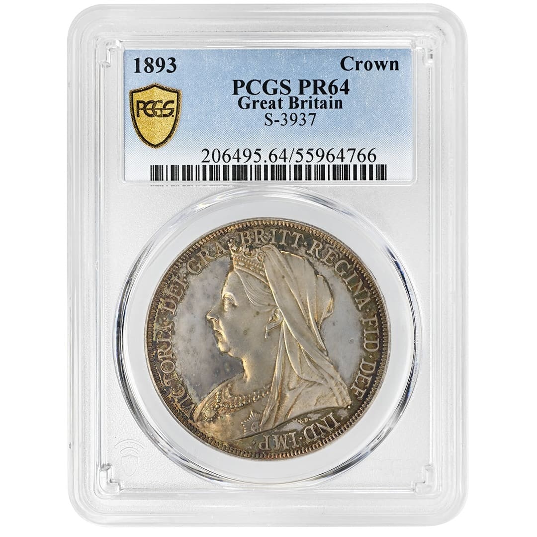 PCGS PR64 1893 Great Britain Silver Crown Queen Victoria LVI Edge: PCGS PR64 1893 Great Britain Silver Crown Queen Victoria LVI Edge 1893 Great Britain Crown featuring Queen Victoria and an LVI edge, graded PCGS PR64. This pre-owned silver coin is identified as a Cro