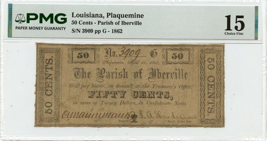 PMG F15 Parish of Iberville Plaquemine Louisiana 1862 50 Cents Note: PMG F15 Parish of Iberville Plaquemine Louisiana 1862 50 Cents Note 1862 50 Cents Plaquemine, Louisiana obsolete note from the Parish of Iberville. This pre-owned example is a circulated note graded P