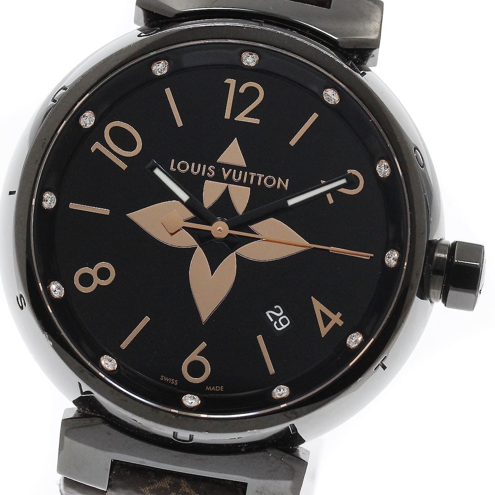 Louis Vuitton Tambour All Black GM QA049 men's quartz wristwatch: Louis Vuitton Tambour All Black GM QA049 men's quartz wristwatch Louis Vuitton Tambour All Black GM Date men's wristwatch, reference QA049, with a black dial and date function. It features a stainless