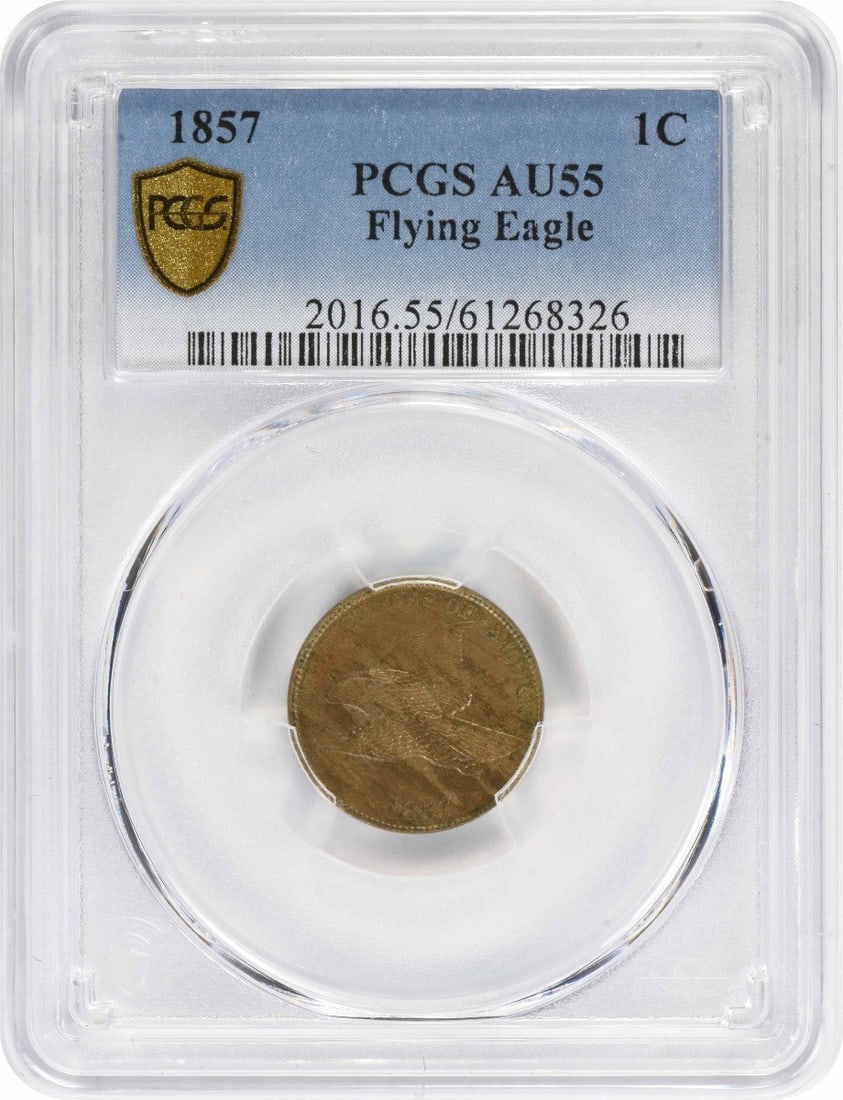 PCGS AU55 1857 Flying Eagle Small Cent Copper: PCGS AU55 1857 Flying Eagle Small Cent Copper 1857 Flying Eagle small cent graded AU55 by PCGS. This circulated United States coin is a pre-owned example of the Flying Eagle cent series. Specification