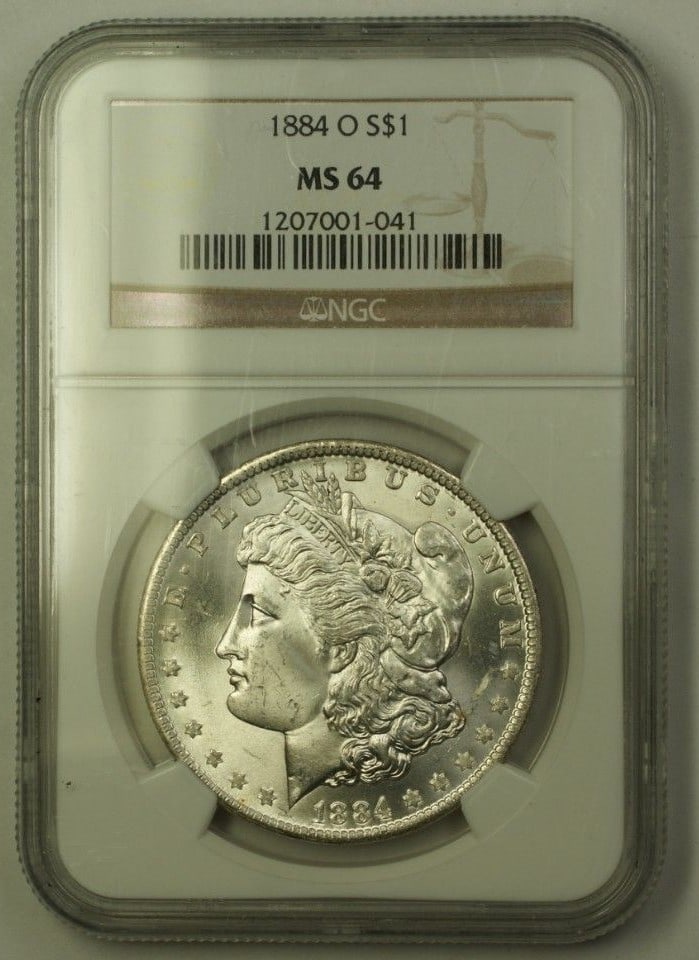 NGC MS 64 Certified 1884-O Morgan Dollar Uncirculated Silver Coin: NGC MS 64 Certified 1884-O Morgan Dollar Uncirculated Silver Coin This is an 1884-O Morgan Silver Dollar with a denomination of $1, certified by NGC and graded MS 64. The coin was minted in New Orlean