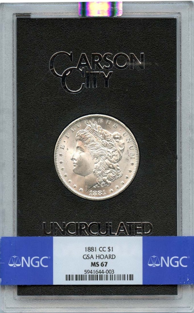 NGC MS67 1881 Carson City Morgan Silver Dollar GSA Hoard: NGC MS67 1881 Carson City Morgan Silver Dollar GSA Hoard This is an 1881 Carson City Morgan Dollar from the GSA Hoard, certified by NGC with a grade of MS67. The coin is uncirculated and originates fr