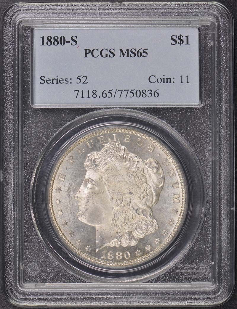 1880-S Morgan Dollar PCGS MS65 Uncirculated San Francisco Coin: 1880-S Morgan Dollar PCGS MS65 Uncirculated San Francisco Coin This 1880-S Morgan Dollar is a stunning example of American coinage, certified by PCGS with a high grade of MS65, indicating it is in unc