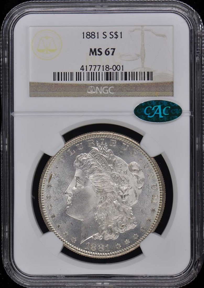 1881-S Morgan Dollar NGC MS67 CAC Uncirculated San Francisco: 1881-S Morgan Dollar NGC MS67 CAC Uncirculated San Francisco This 1881-S Morgan Dollar is a stunning example of American coinage, certified by NGC with an impressive MS67 grade, indicating its uncircu
