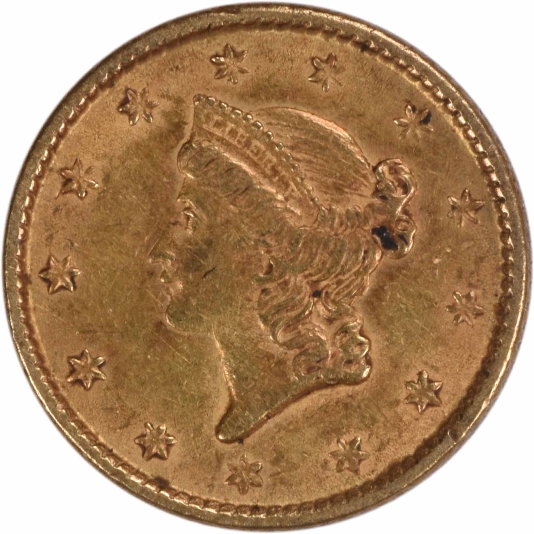 1853 Philadelphia Gold Dollar Type 1 AU Uncertified: 1853 Philadelphia Gold Dollar Type 1 AU Uncertified 1853 United States $1 Gold Type 1 coin in AU grade and circulated condition. It is an uncertified Philadelphia-minted piece from the pre-1933 period