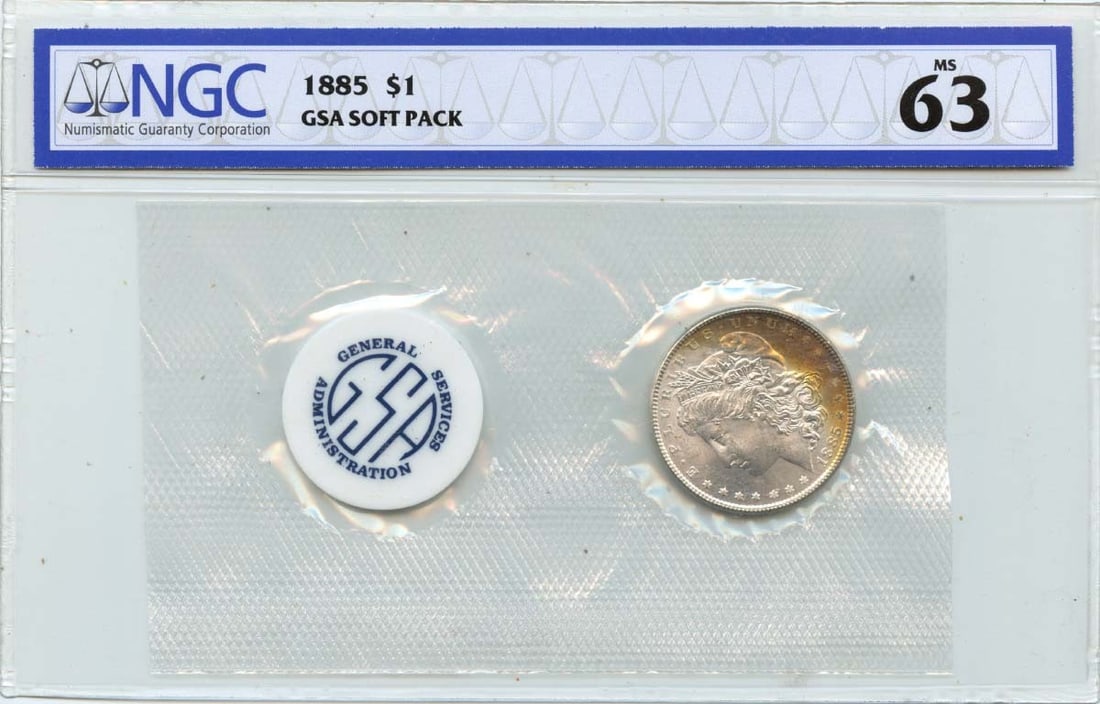 NGC MS63 1885 Morgan Dollar S$1 GSA Soft Pack: NGC MS63 1885 Morgan Dollar S$1 GSA Soft Pack 1885 Morgan Dollar in a GSA soft pack, graded MS63 by NGC. This pre-owned coin is an uncirculated United States Morgan Dollar with certification details p