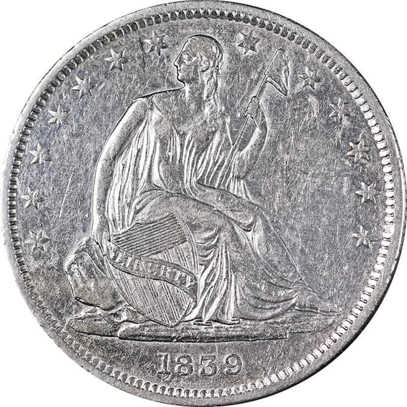 1839 Drapery Seated Liberty Half Dollar Silver AU BU: 1839 Drapery Seated Liberty Half Dollar Silver AU BU 1839 Seated Half Dollar 'Drapery' in circulated condition with nice eye appeal and a strong strike. The coin is described as bright white and grade