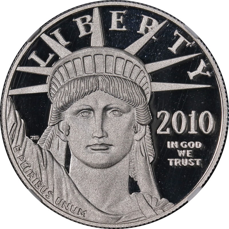 2010-W $100 Platinum Eagle NGC PF70 Ultra Cameo One Ounce Coin: 2010-W $100 Platinum Eagle NGC PF70 Ultra Cameo One Ounce Coin This 2010-W Platinum American Eagle $100 coin is certified by NGC as PF70 Ultra Cameo, indicating a perfect proof condition. Struck from 