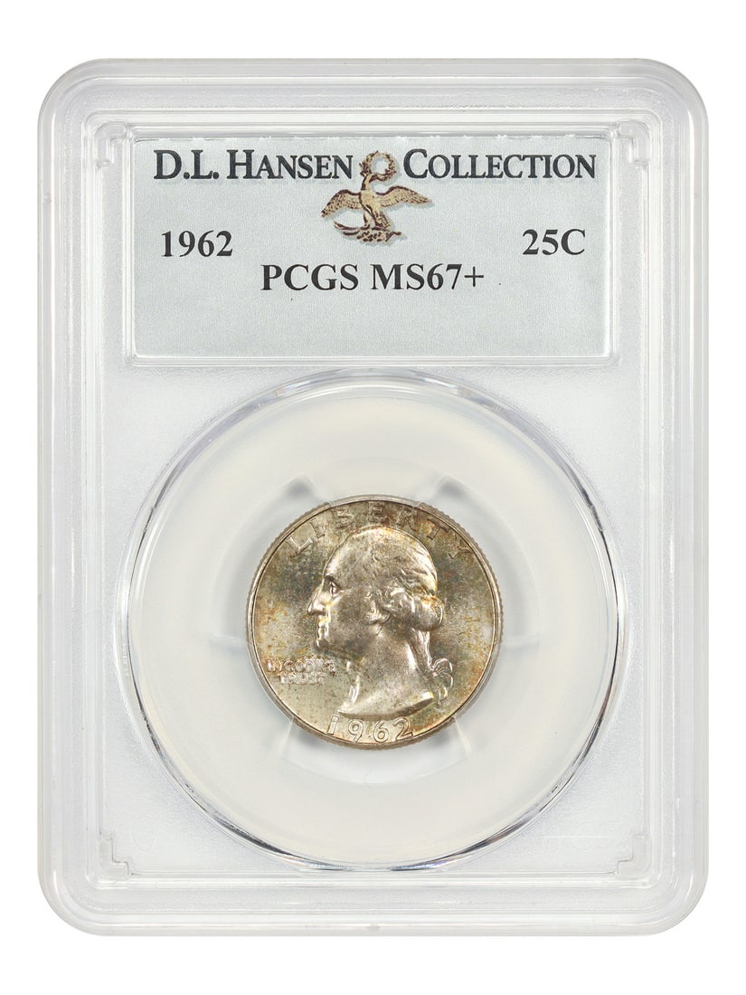 Washington Quarter 1962 25C PCGS MS67+ ex D.L. Hansen: Washington Quarter 1962 25C PCGS MS67+ ex D.L. Hansen 1962 Washington Quarter certified by PCGS as MS67+ and offered ex: D.L. Hansen. This uncirculated example is noted for vivid reverse toning and st