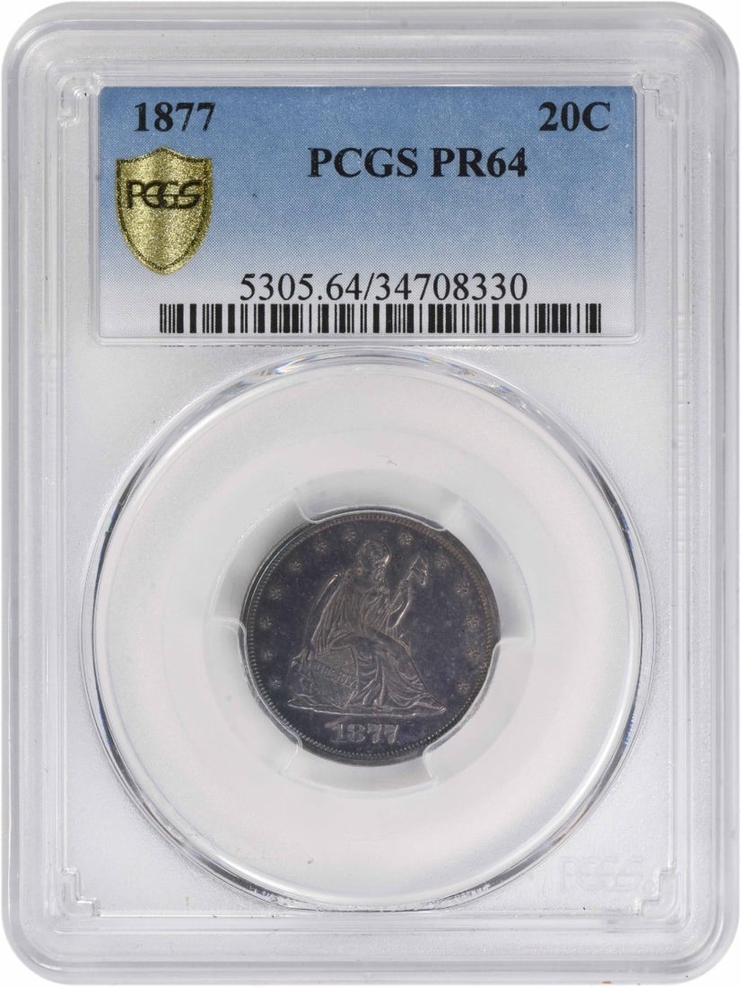 1877 Proof Twenty Cent Silver Piece PR64 PCGS Minted in Philadelphia: 1877 Proof Twenty Cent Silver Piece PR64 PCGS Minted in Philadelphia This stunning 1877 Twenty Cent Silver Piece showcases exceptional craftsmanship and historical significance. Certified by PCGS as P