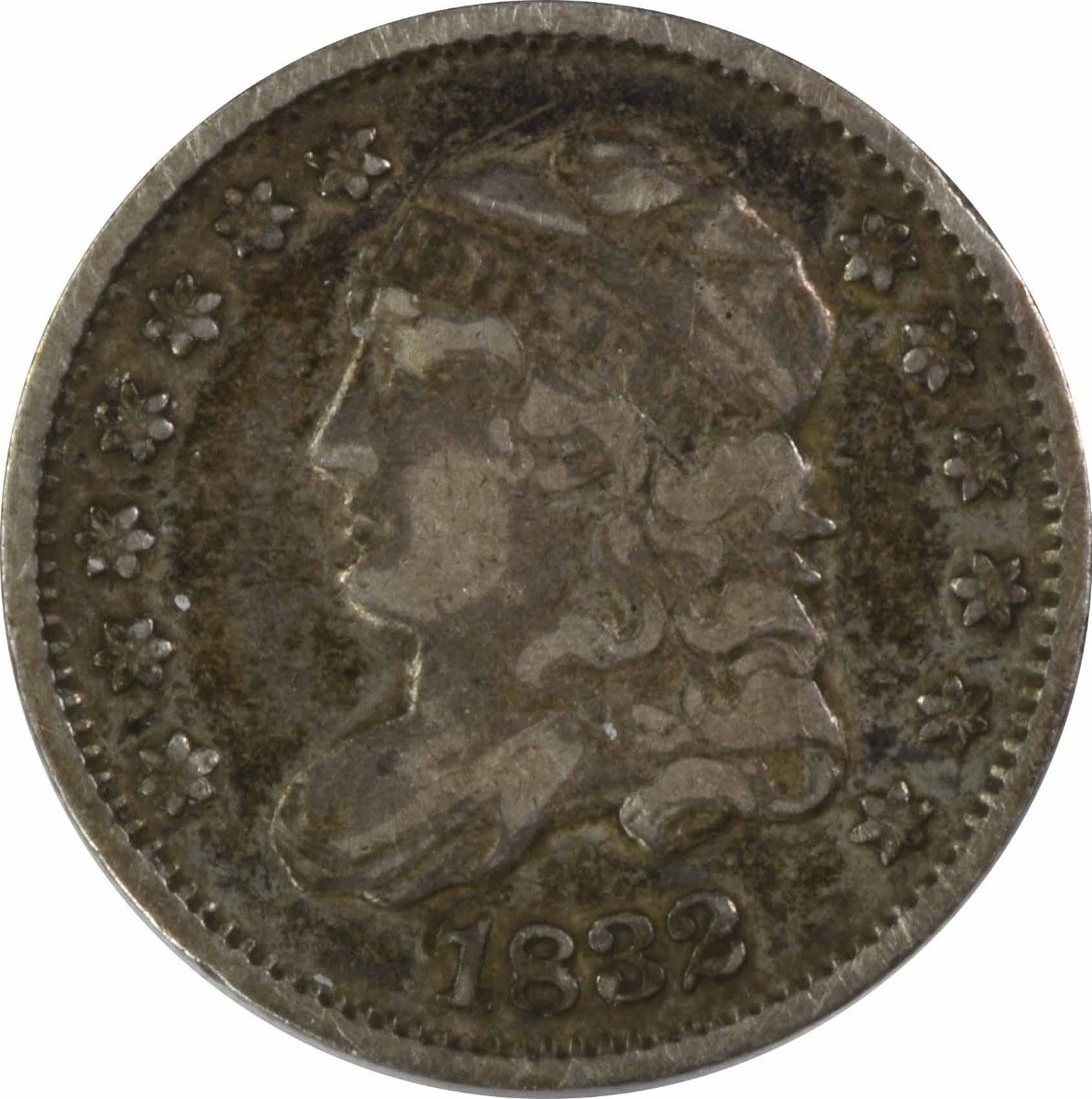 1832 Capped Bust Silver Half Dime 89.2% Silver Uncertified: 1832 Capped Bust Silver Half Dime 89.2% Silver Uncertified This 1832 Capped Bust Silver Half Dime is a notable collectible piece, featuring a design by William Kneass. It is classified as Very Fine (V
