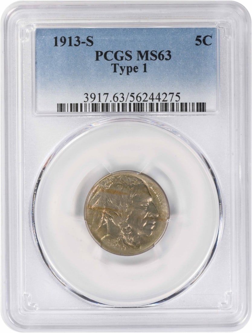 PCGS MS63 1913 S 5C Buffalo Nickel Type 1: PCGS MS63 1913 S 5C Buffalo Nickel Type 1 1913-S Buffalo Nickel Type 1 graded MS63 by PCGS. This uncirculated United States coin is composed of nickel and has a denomination of 5C. It is identified as
