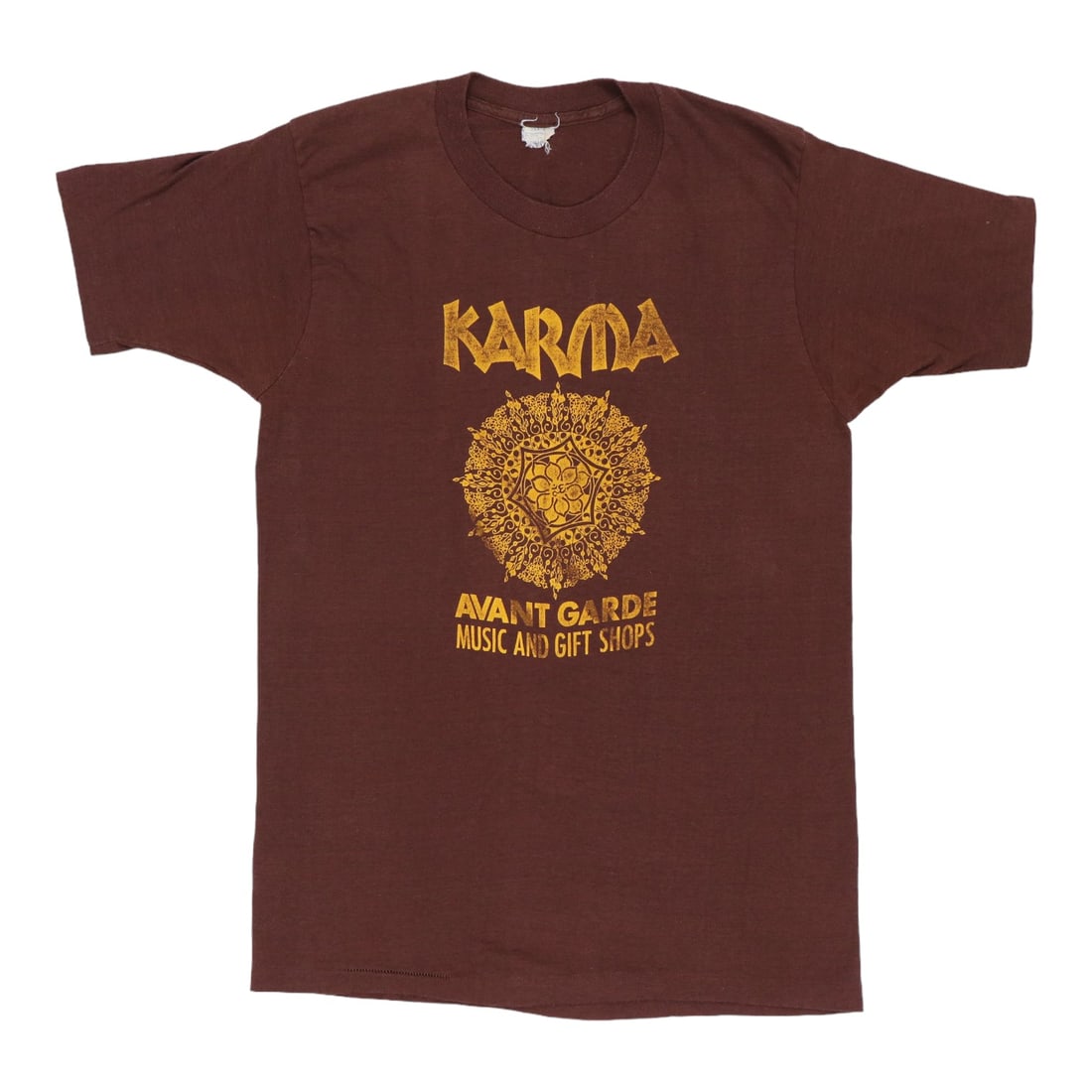 Vintage 1970s Karma Brown Poly Cotton Avant Garde Music Shirt: Vintage 1970s Karma Brown Poly Cotton Avant Garde Music Shirt This is an original vintage shirt from the 1970s featuring Karma Avant Garde Music Gift Shop graphics. It is not a modern reproduction. Th