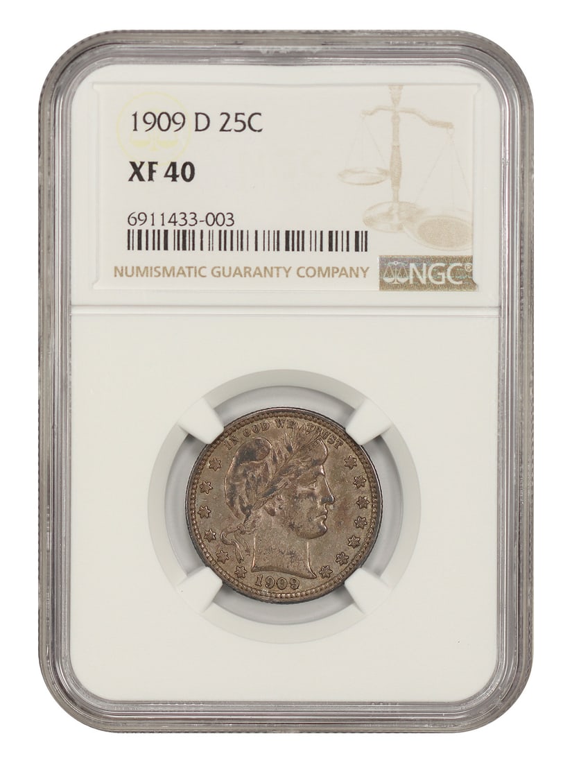 NGC XF40 1909-D Barber Quarter 25C: NGC XF40 1909-D Barber Quarter 25C 1909-D Barber Quarter certified by NGC in XF40 condition. This circulated, pre-owned 25-cent coin is identified as a Barber Quarter and includes NGC certification nu