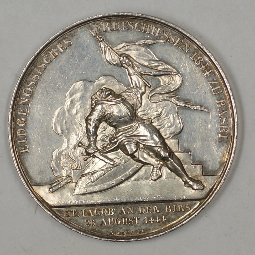 Swiss silver proof shooting medal Basel 1844 38mm R-87b m-53 (1 of 2)