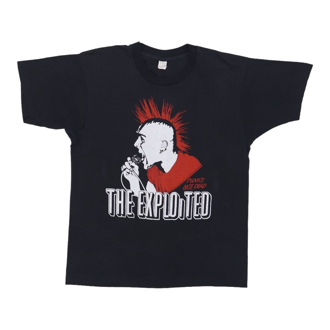 Vintage 1980s The Exploited Punks Not Dead Black Poly Cotton T Shirt: Vintage 1980s The Exploited Punks Not Dead Black Poly Cotton T Shirt This is an original vintage 1980s The Exploited 'Punks Not Dead' shirt, featuring front and back graphics. It is not a modern repro