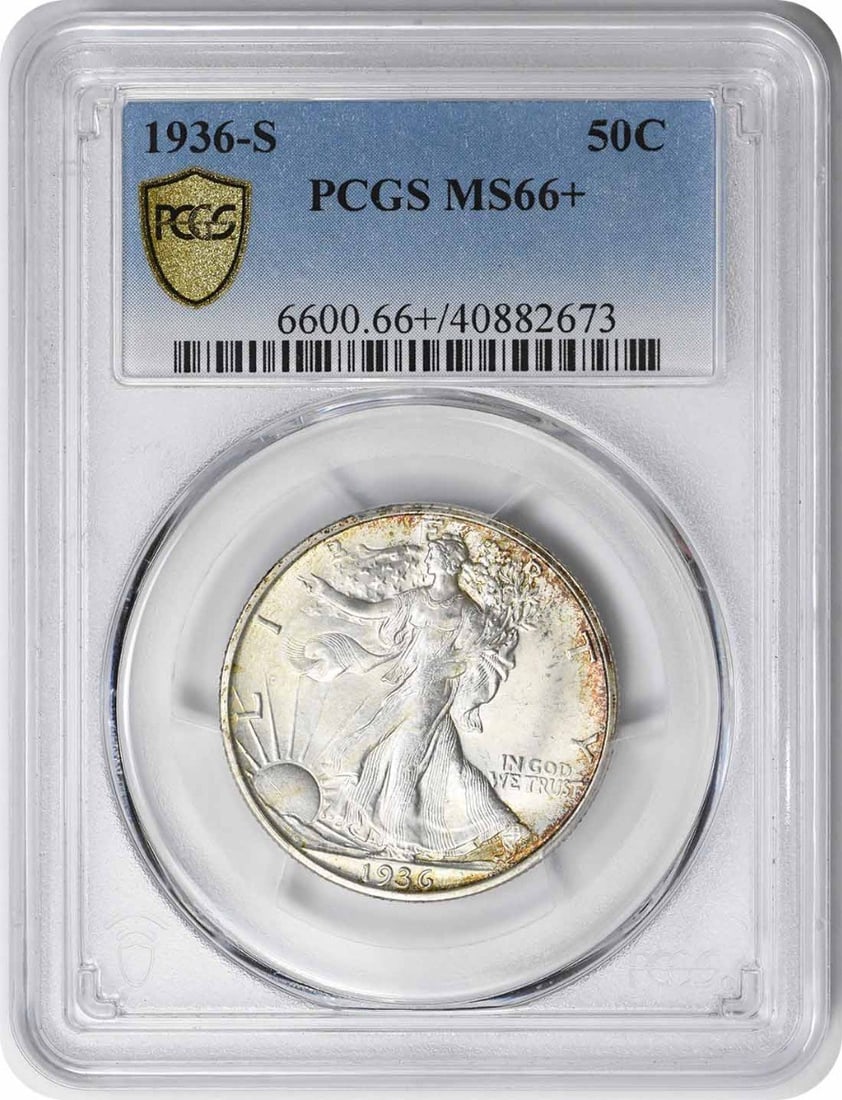 1936-S Walking Liberty Half Dollar MS66 PCGS Uncirculated Silver Coin: 1936-S Walking Liberty Half Dollar MS66 PCGS Uncirculated Silver Coin This 1936-S Walking Liberty Silver Half Dollar is a remarkable piece, certified by PCGS with a grade of MS66+. Struck in San Franc