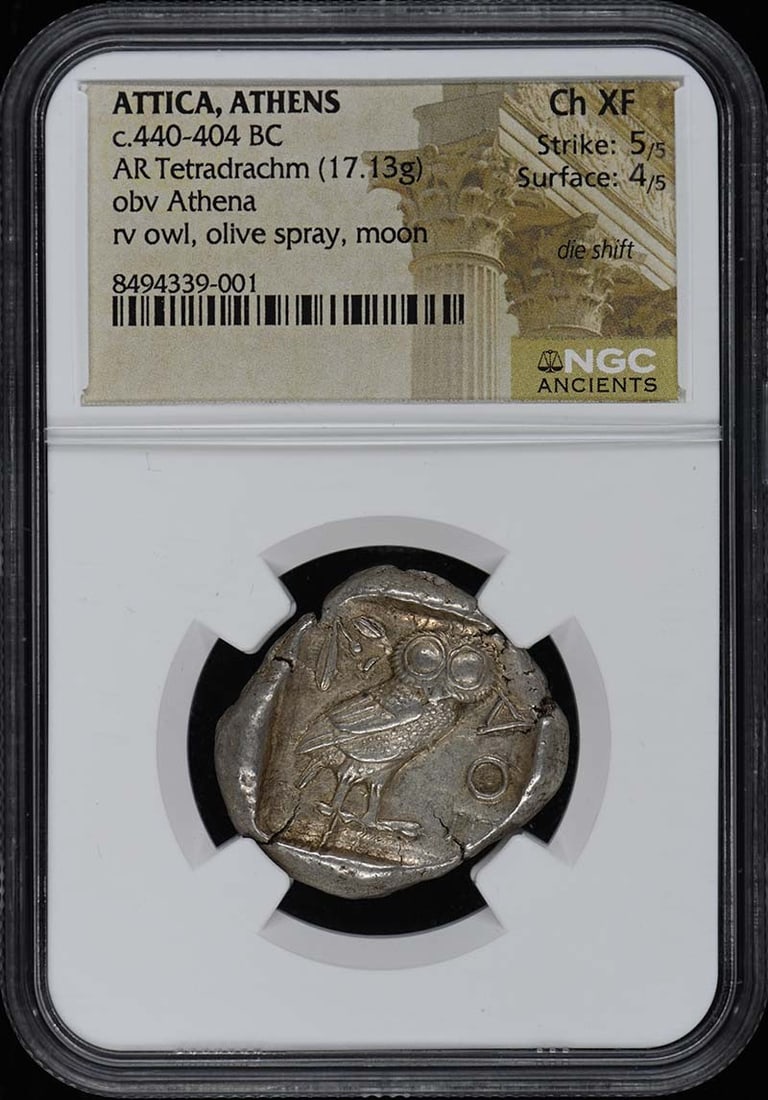 NGC Ch XF Attica Athens AR Tetradrachm c.440-404 BC: NGC Ch XF Attica Athens AR Tetradrachm c.440-404 BC Ancient Attica, Athens AR tetradrachm dated c. 440-404 BC. This pre-owned coin is NGC certified and graded Ch XF 5/4. Specifications Item Type: AR t