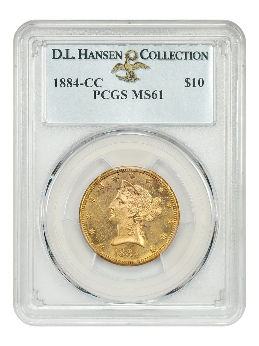 PCGS MS61 1884 Carson City Liberty Head $10 Gold Coin: PCGS MS61 1884 Carson City Liberty Head $10 Gold Coin 1884-CC Liberty Head $10 gold coin certified by PCGS as MS61 and from the D.L. Hansen collection. A scant mintage of 9,925 coins leaves Mint State