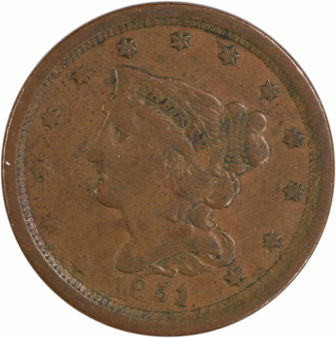 1851 Braided Hair Copper Half Cent EF Uncertified: 1851 Braided Hair Copper Half Cent EF Uncertified This 1851 Braided Hair Half Cent is a circulated coin from the United States, designed by Christian Gobrecht. Struck in copper at the Philadelphia min