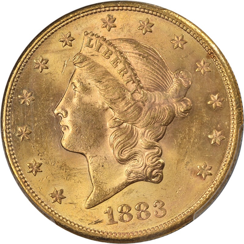 1883-S Liberty Gold $20 PCGS MS63 FS-301 Uncirculated Coin: 1883-S Liberty Gold $20 PCGS MS63 FS-301 Uncirculated Coin This stunning 1883-S Liberty Gold $20 coin is certified by PCGS with a grade of MS63, showcasing superb eye appeal and fantastic luster. Stru